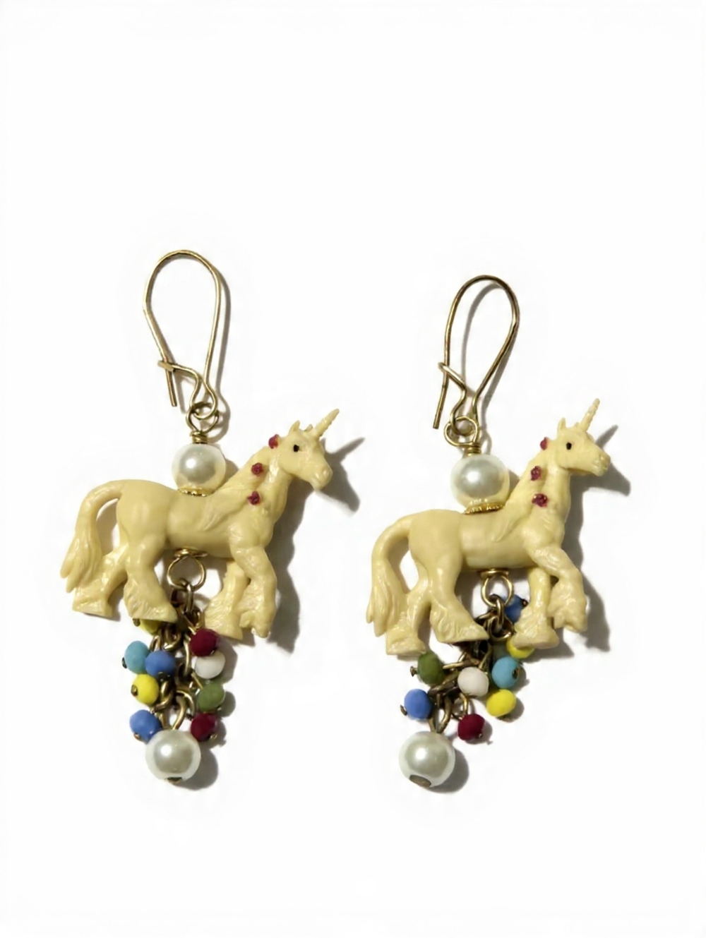 Lenora Dame Whimsical Ivory Unicorn Drop Earrings Multicolor Beads 2" Dangle